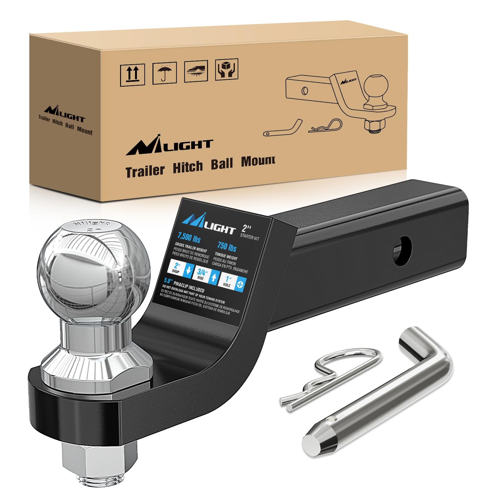 Nilight trailer hitch ball mount with 2-inch drop for level towing.