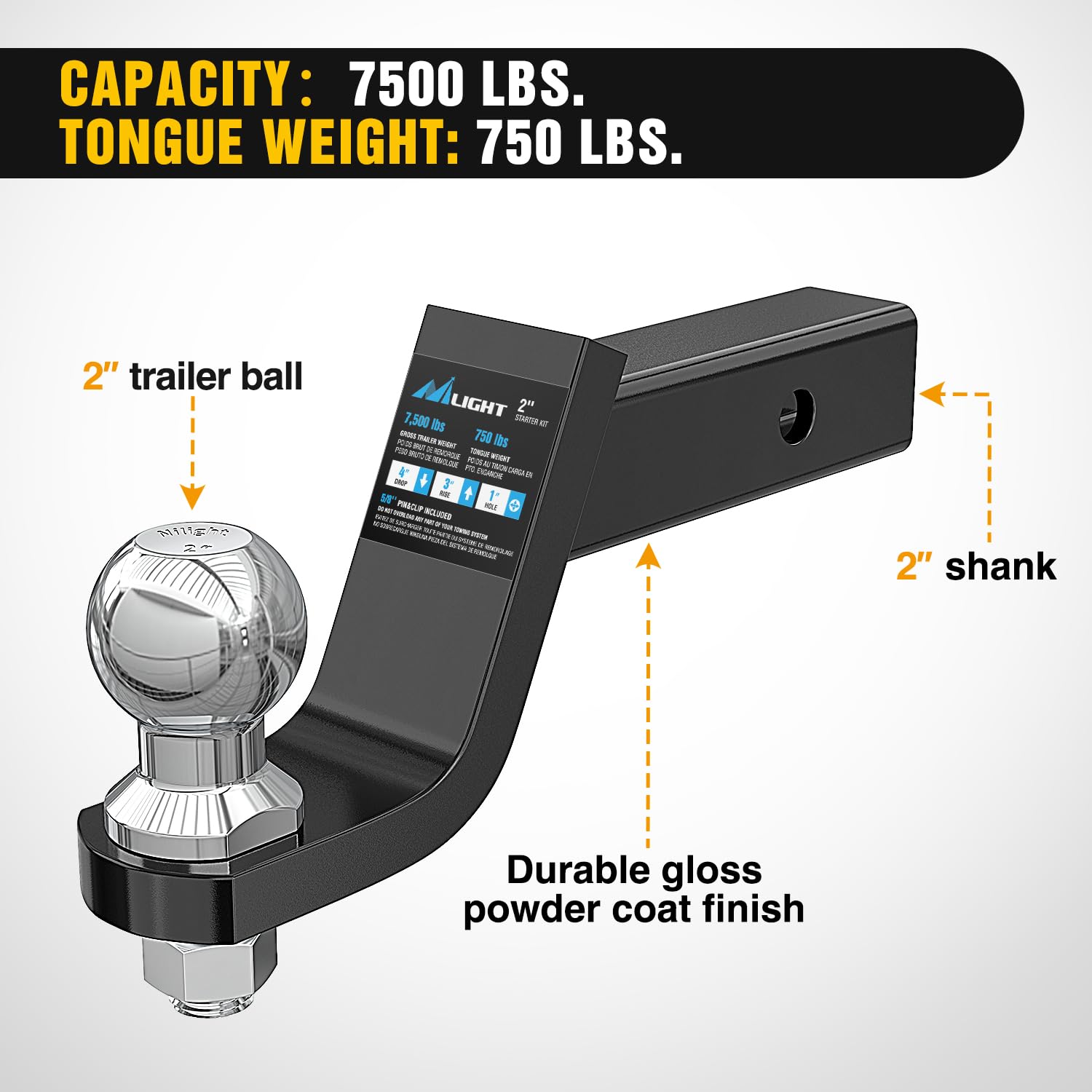 Nilight 2in shank design fits standard receivers securely.