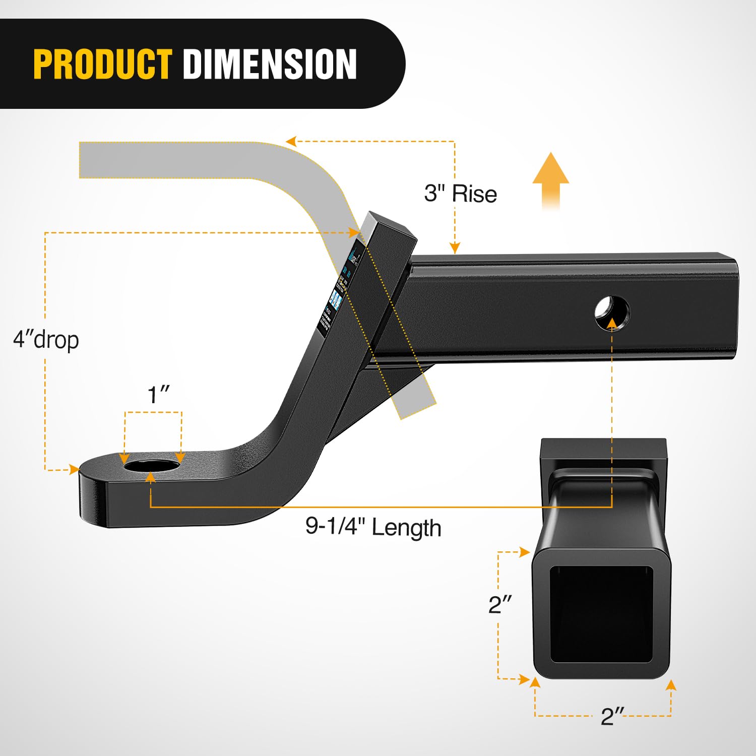 Nilight ball mount showing 3-inch rise to optimize hitch angle.