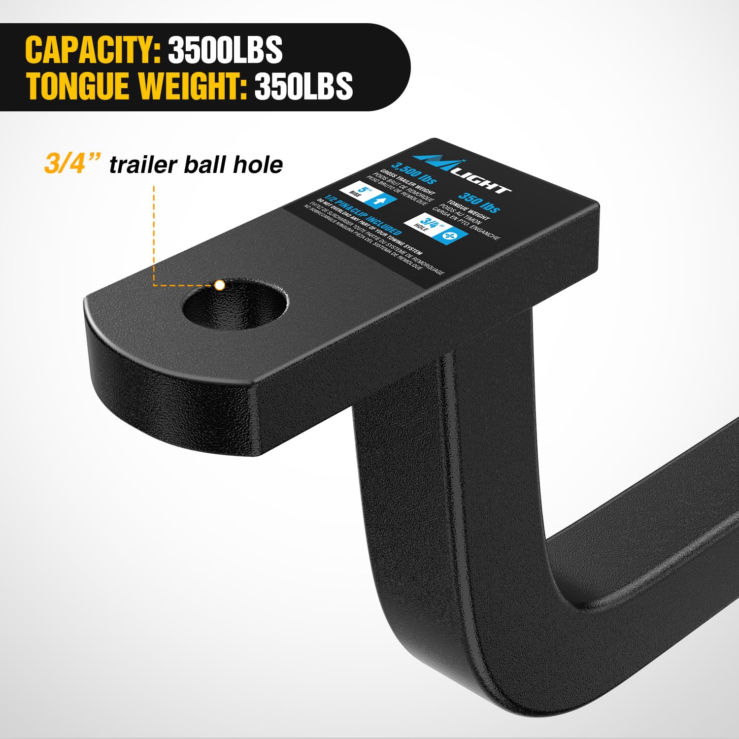 Nilight mount supports up to 350 pounds tongue weight for balance