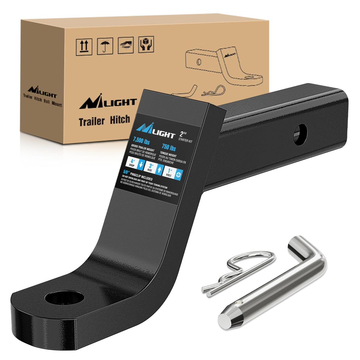 Nilight trailer hitch ball mount with 4-inch drop for level towing.