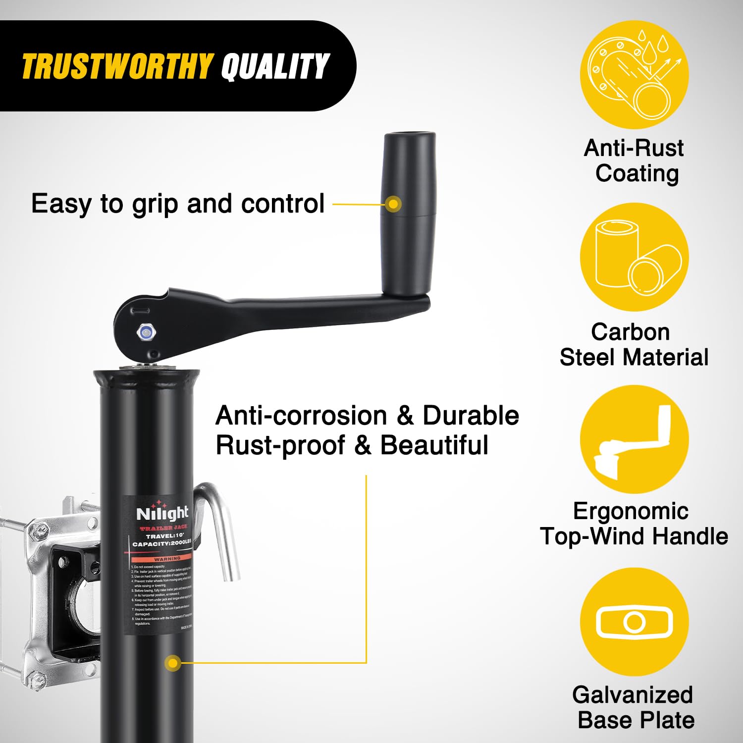 Nilight trailer jack with black powder coating resists rust and corrosion
