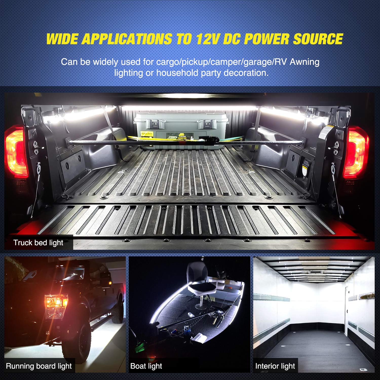 Nilight truck bed light application suited for trucks, RVs, SUVs, and boats.