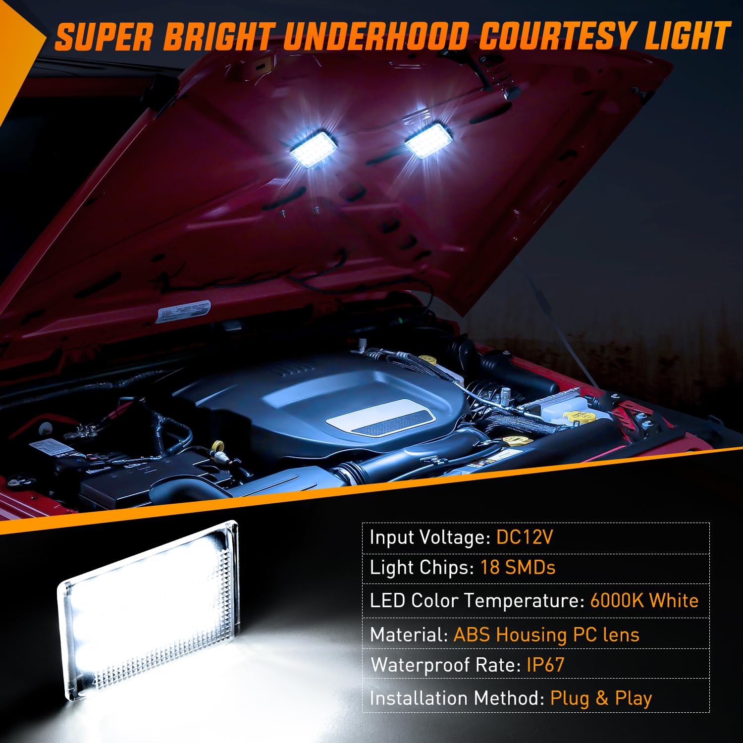 Nilight under hood light features durable ABS housing and PC lens.