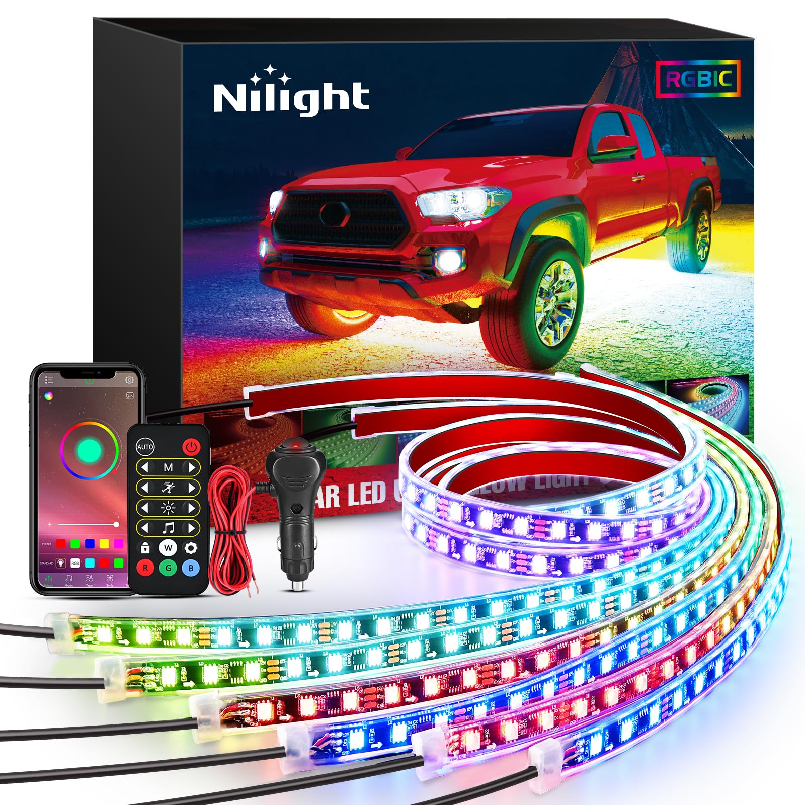 Nilight underglow 6pcs strip pack ready for install, enabling customizable color accents.