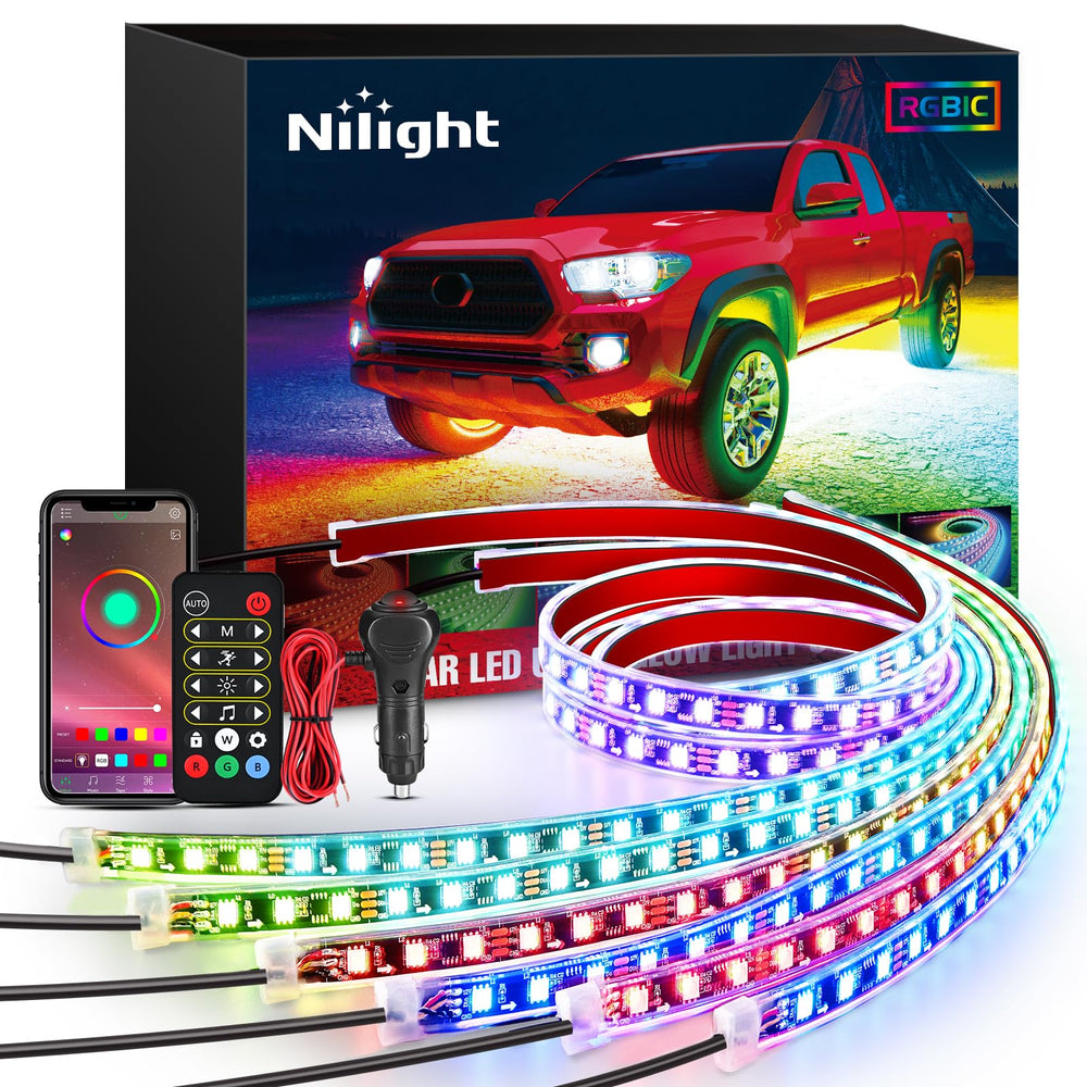 Nilight underglow 6pcs strip pack ready for install, enabling customizable color accents.
