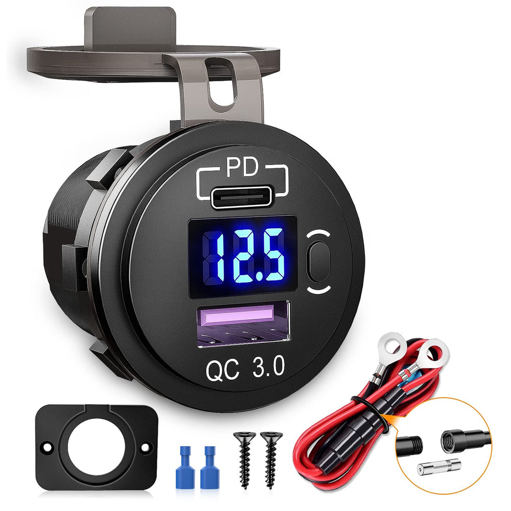 Nilight USB socket PD Type-C and QC 3.0 car outlet with 12V/24V compatibility for fast charging.