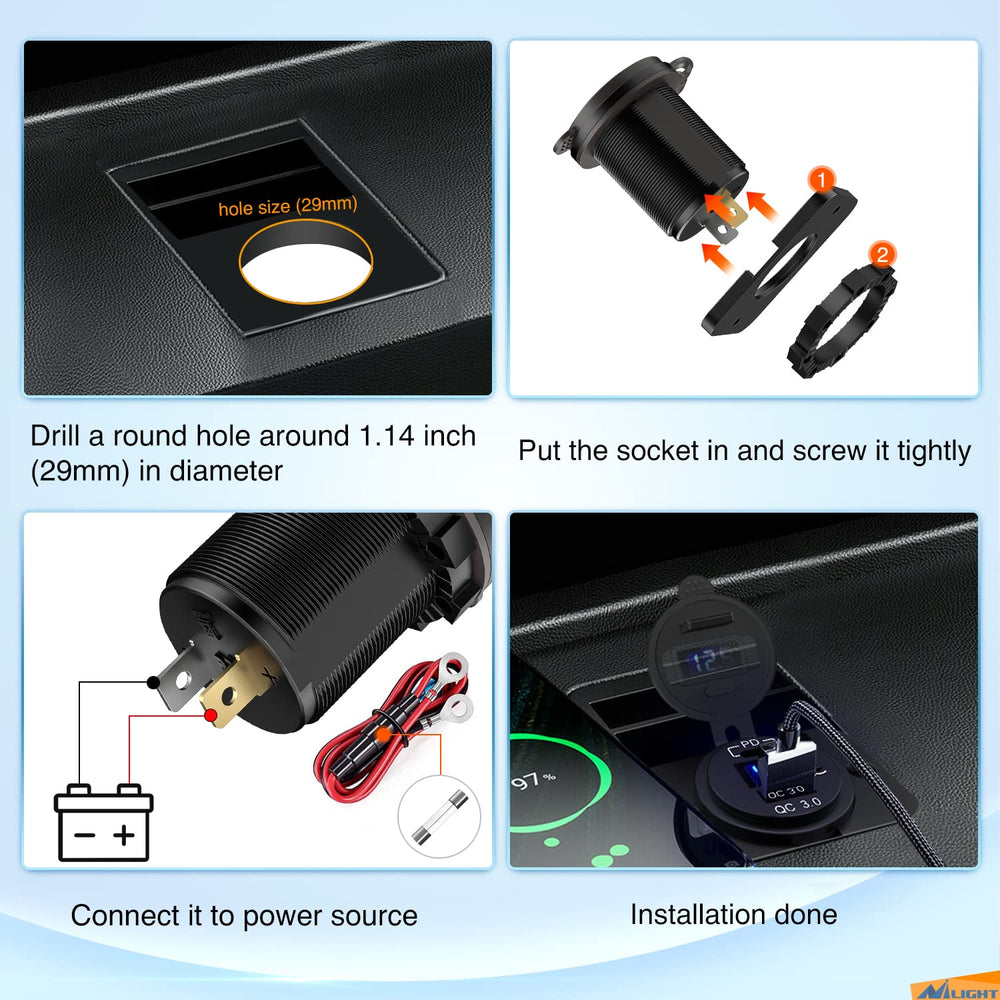 Nilight USB socket panel and screws for easy mounting.