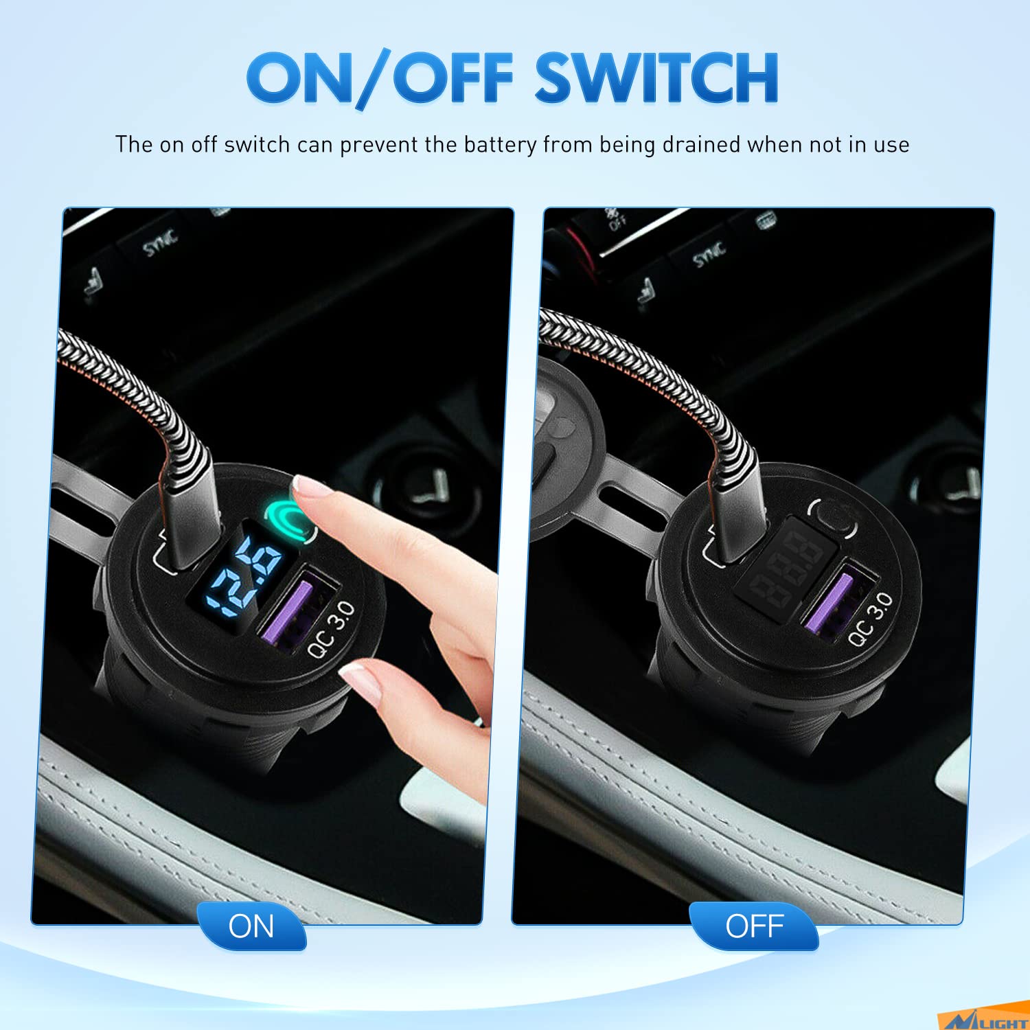 Nilight USB socket voltmeter display highlighting live vehicle voltage at a glance.
