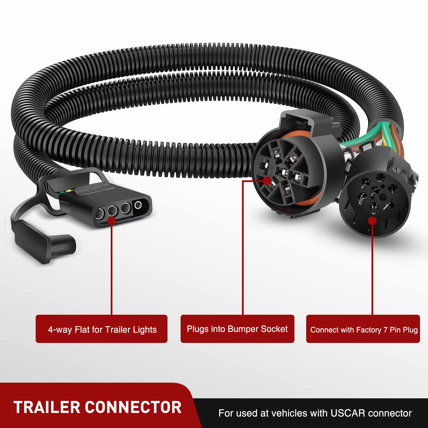 Nilight USCAR 7-pin to 4-pin harness connector output illustrating 4-pin trailer socket.