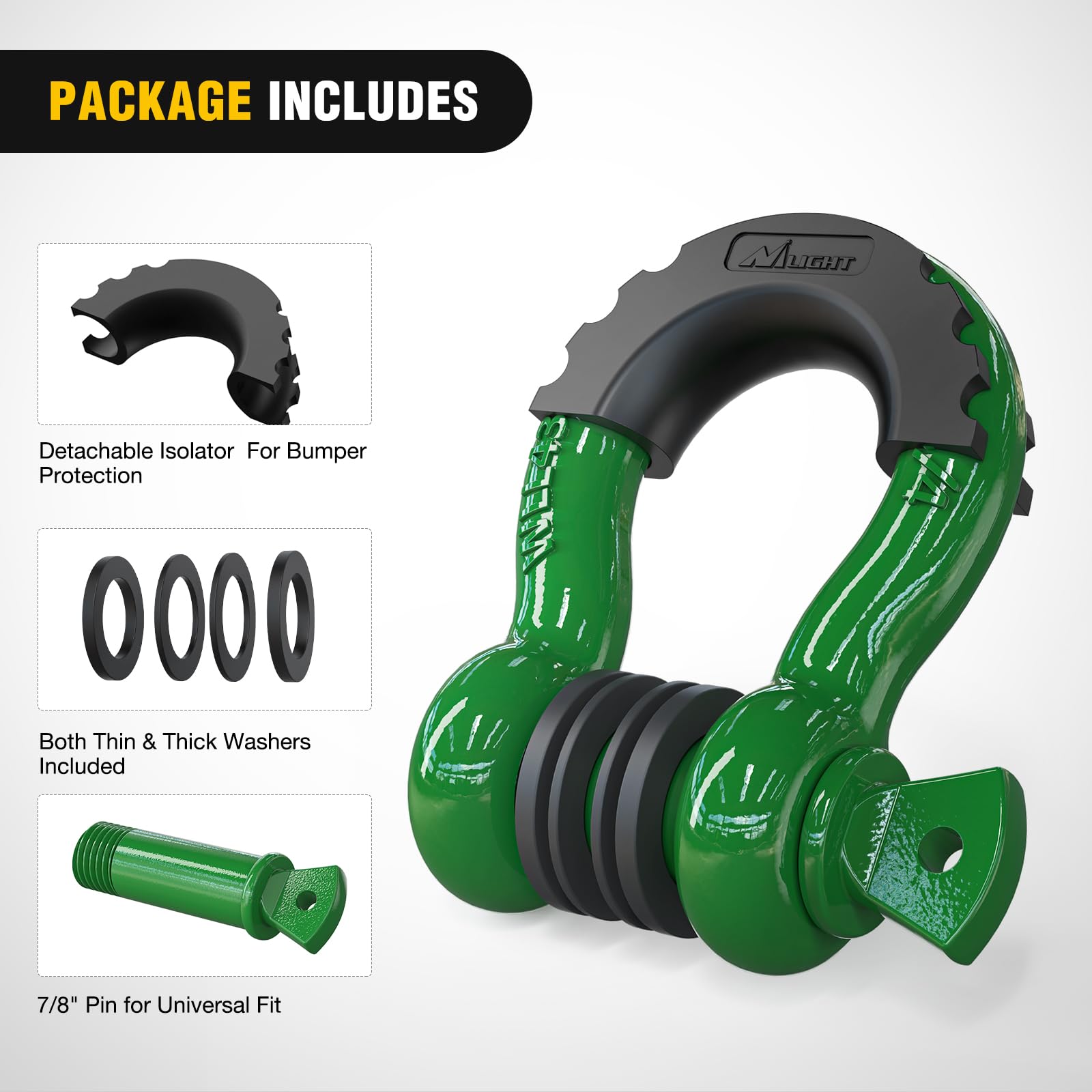 Nilight washers help minimize movement and wear on shackles.