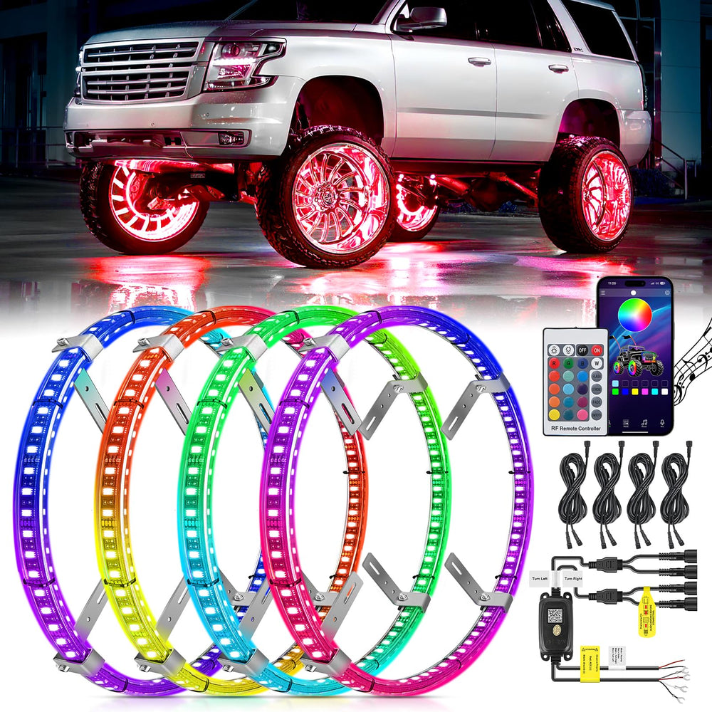 Nilight wheel ring light front view shows vibrant RGB glow for night driving.