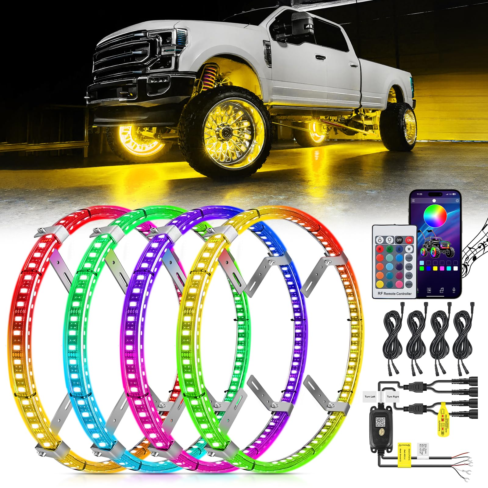 Nilight wheel ring lights with dancing patterns brighten wheels for bold night visibility.