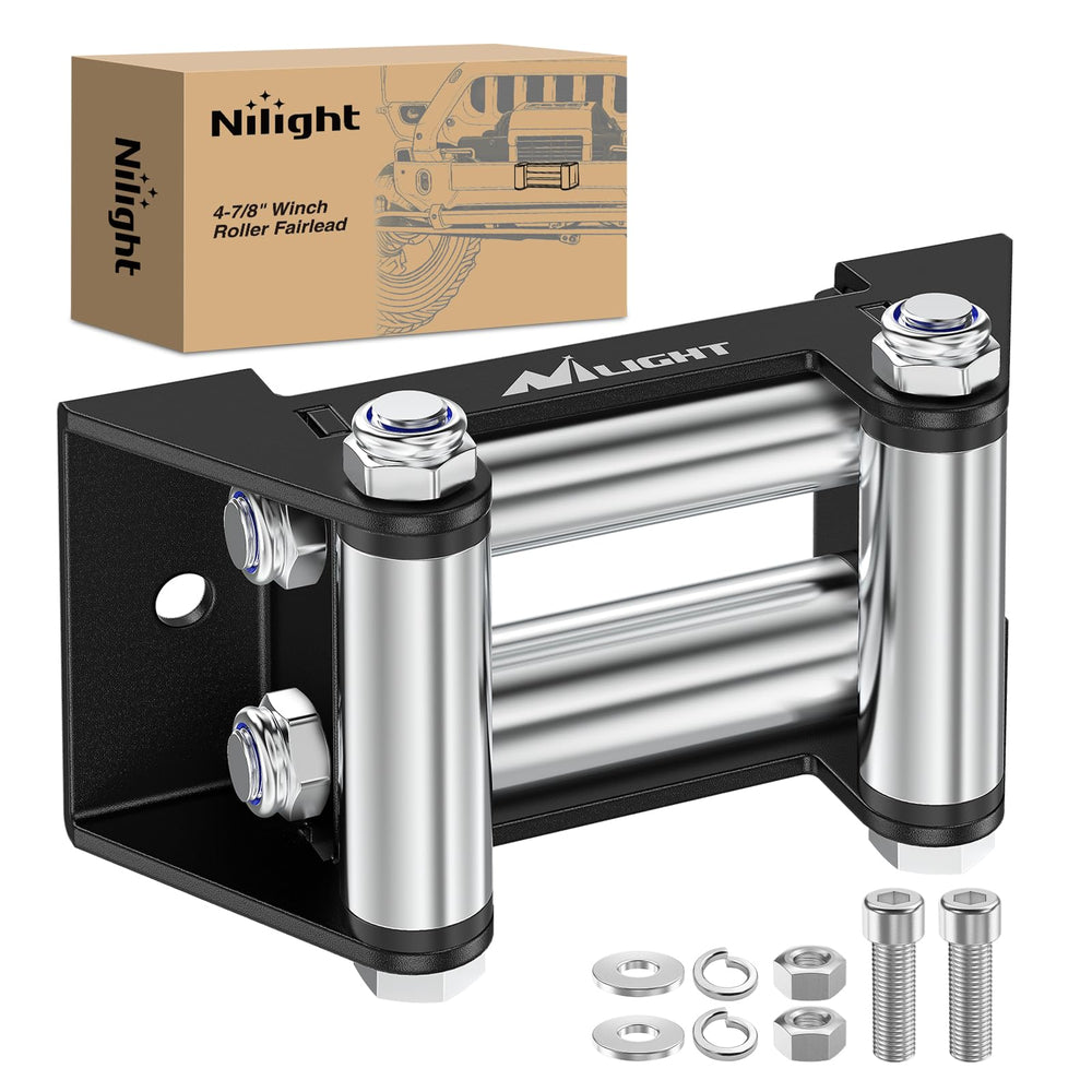 Nilight winch fairlead front view showing 4-7/8 inch guide reduces cable wear on angled pulls