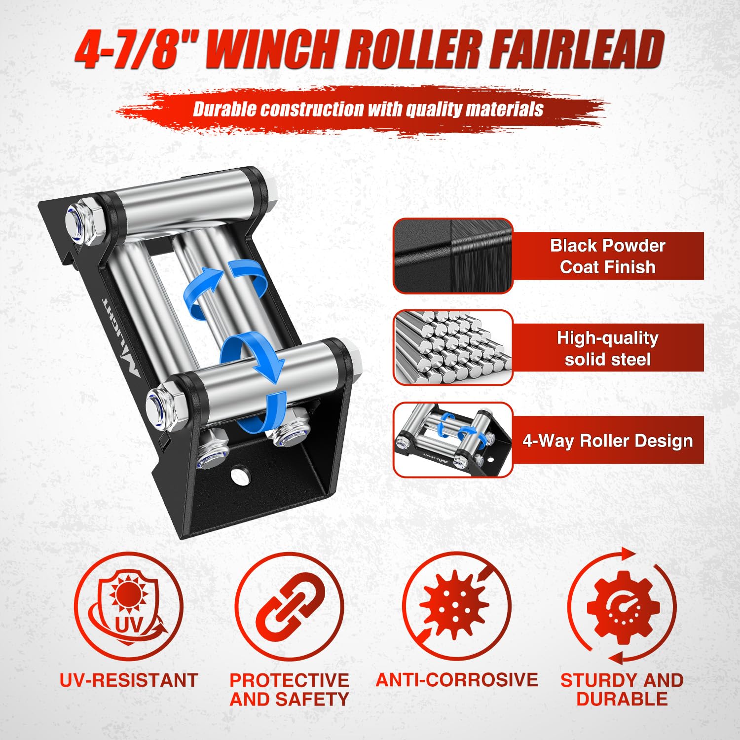 Nilight winch fairlead 4-way roller image demonstrates smoother feeds for 2000-3500 lbs setups