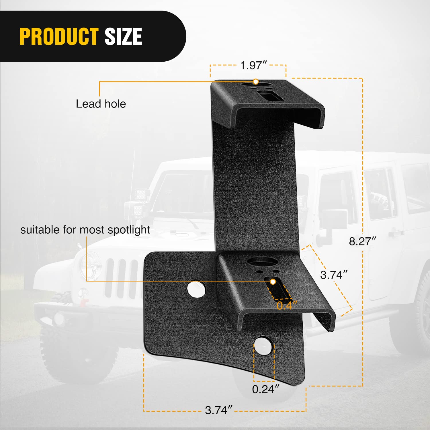 Side view of Nilight windshield hinge brackets securing two lights to Wrangler JK