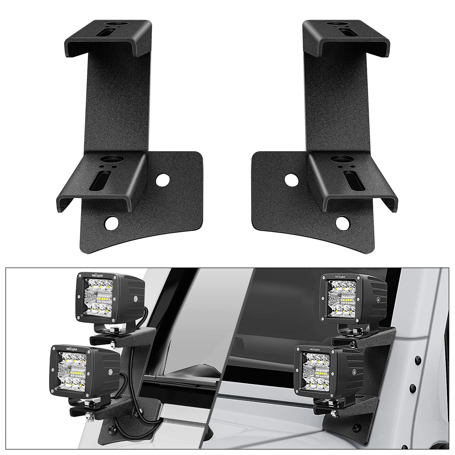 Nilight dual A-pillar windshield brackets mounted on a Wrangler JK for improved off-road lighting