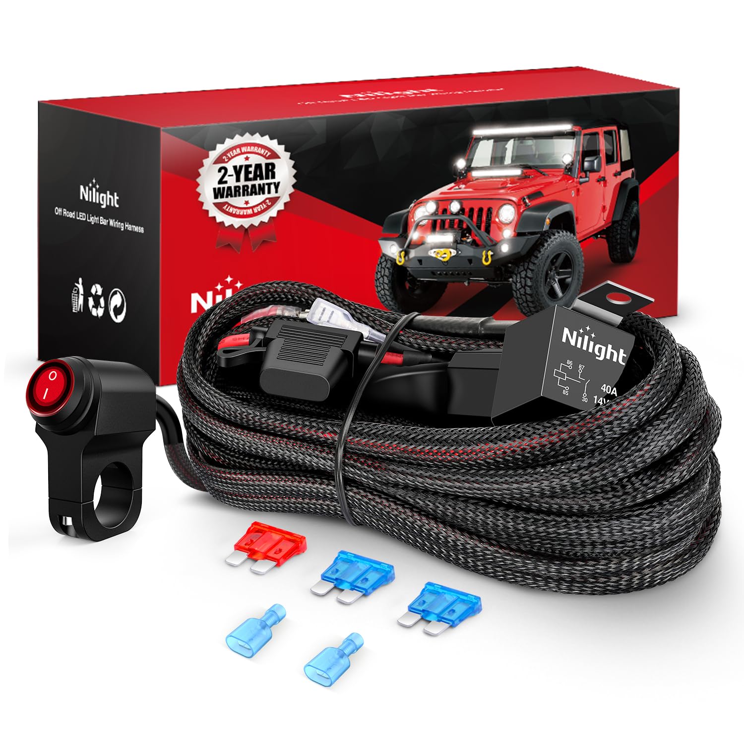 Nilight wiring harness 16 AWG kit for 12V lights, sturdy and easy to install.
