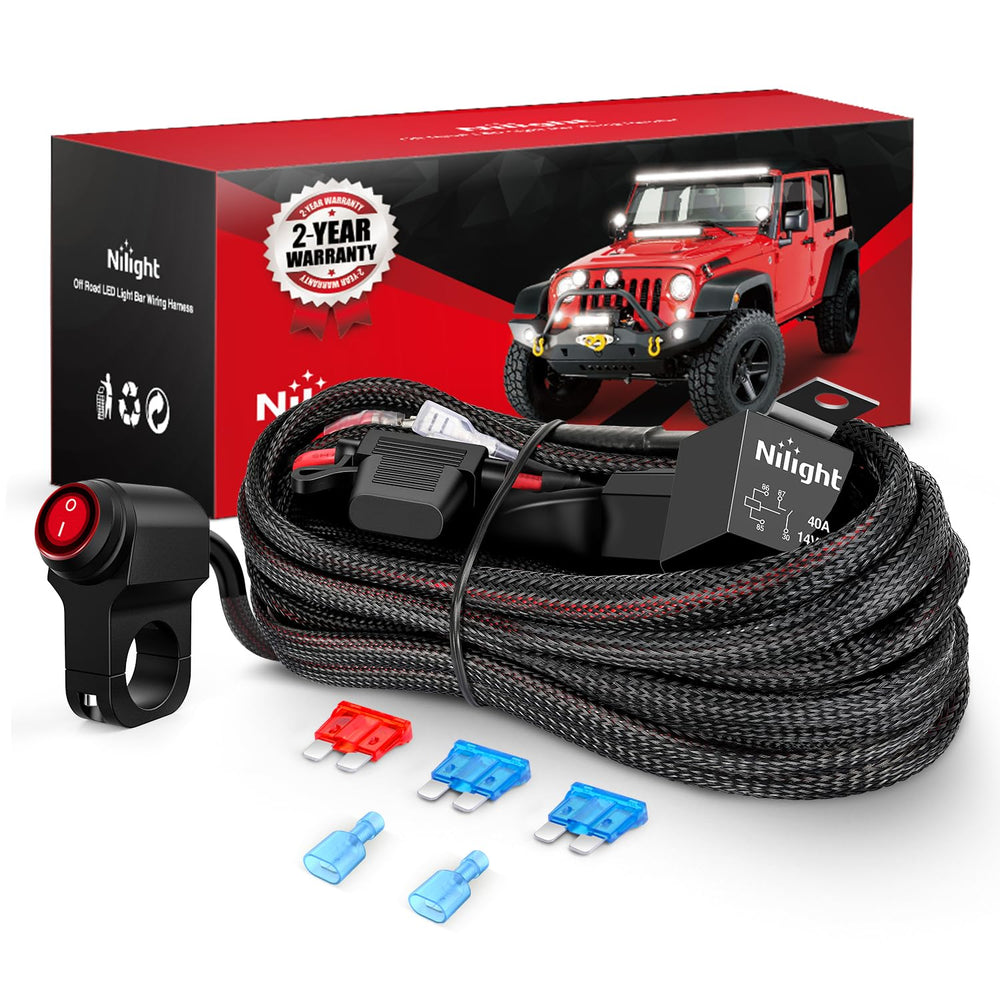Nilight wiring harness 16 AWG kit for 12V lights, sturdy and easy to install.