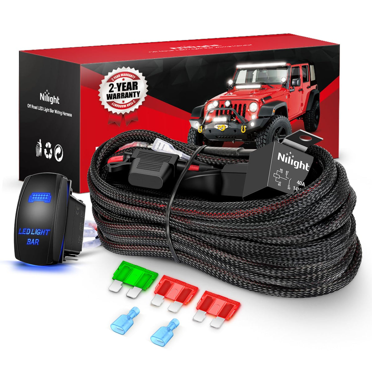 Nilight wiring harness kit 12awg close-up showing durable power delivery for vehicles.