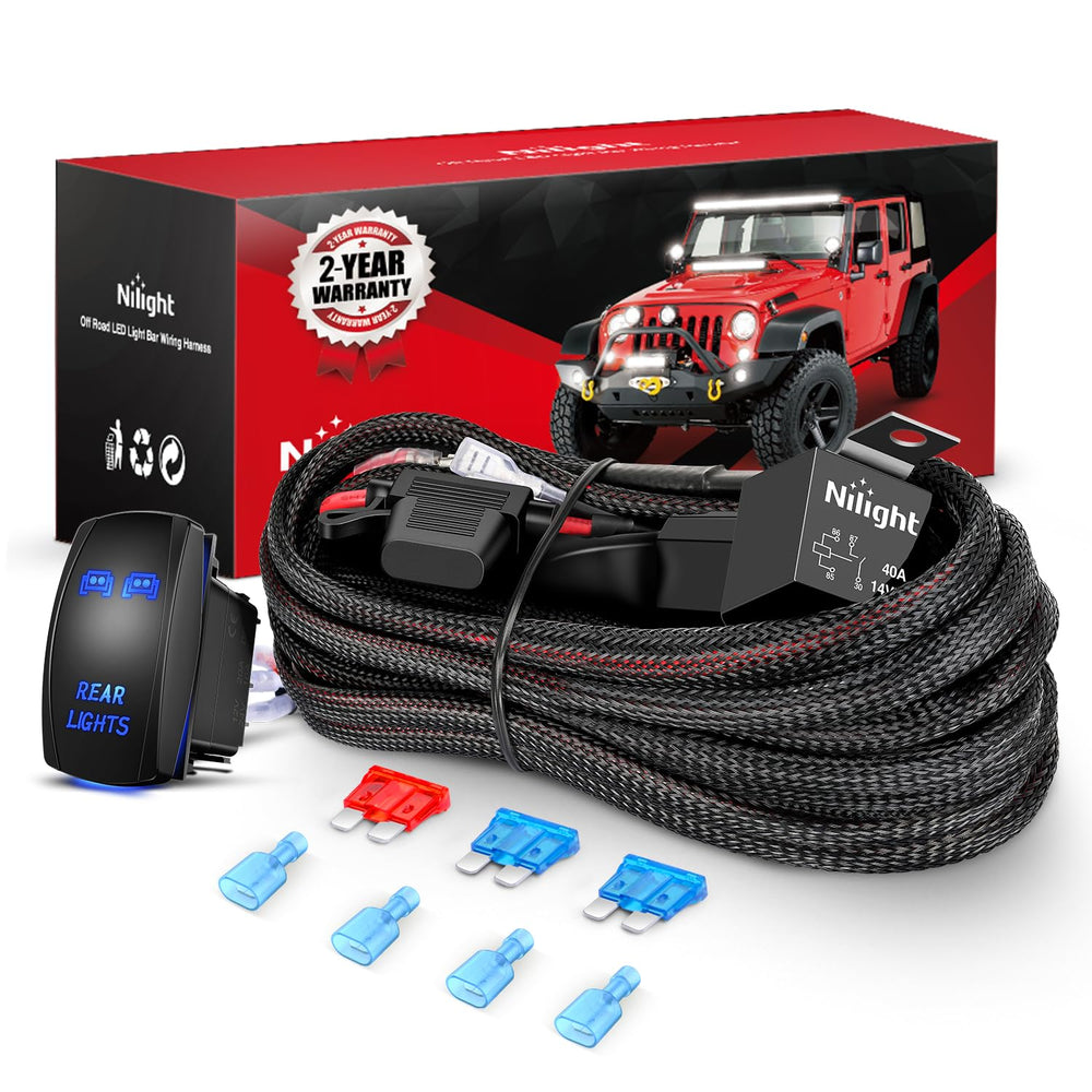 Nilight wiring harness kit with 16 AWG wires ideal for rugged off-road lighting setups.