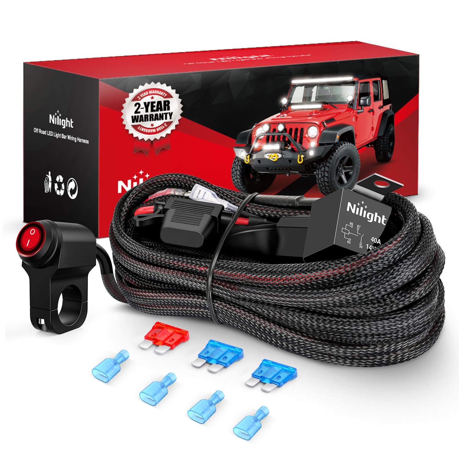 Nilight wiring harness kit 16 AWG with two leads for dual LED power