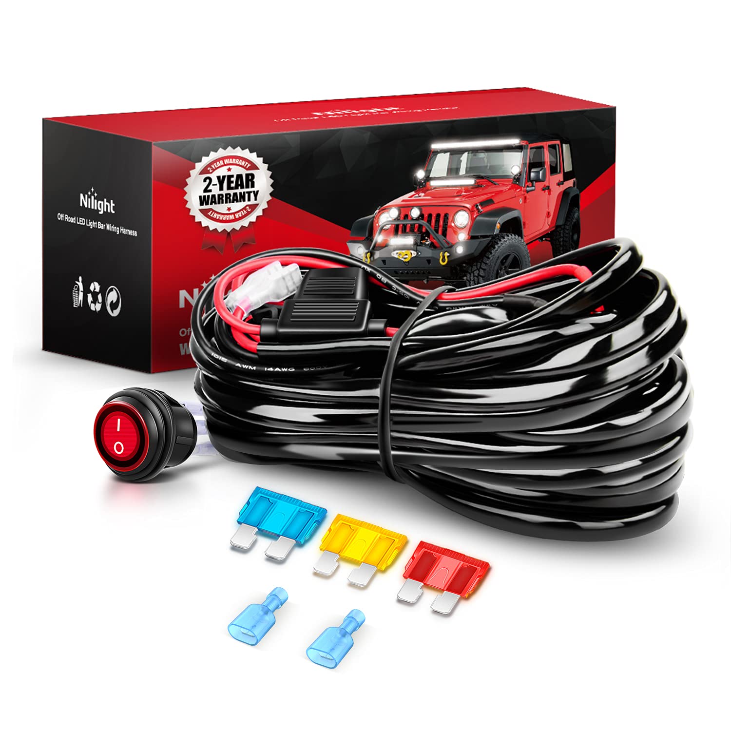 Nilight wiring harness kit, packaged for fast installation and versatile 12V compatibility.