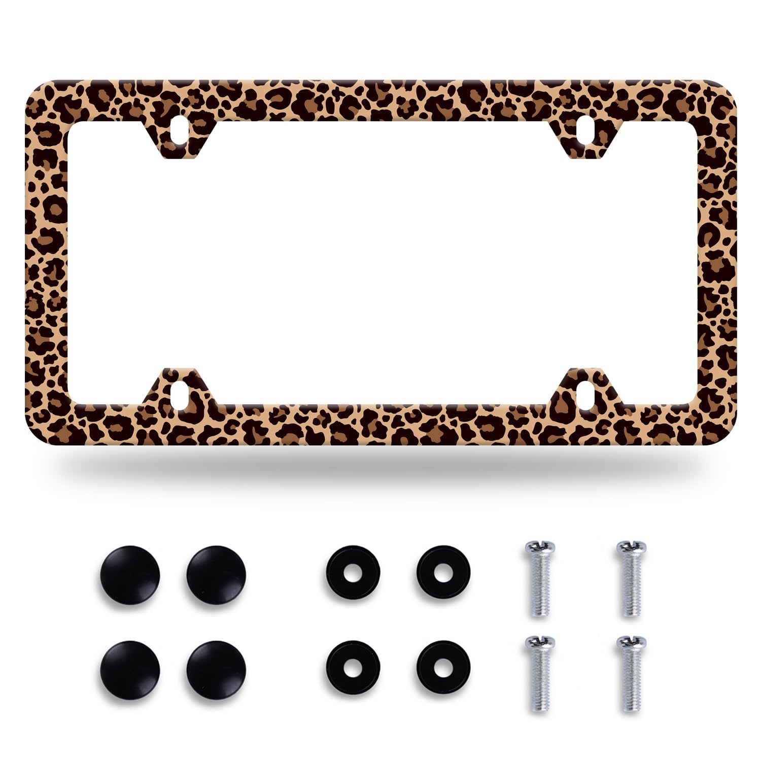 NINANMY brown leopard license-frame front-angle adds stylish protection for plates.