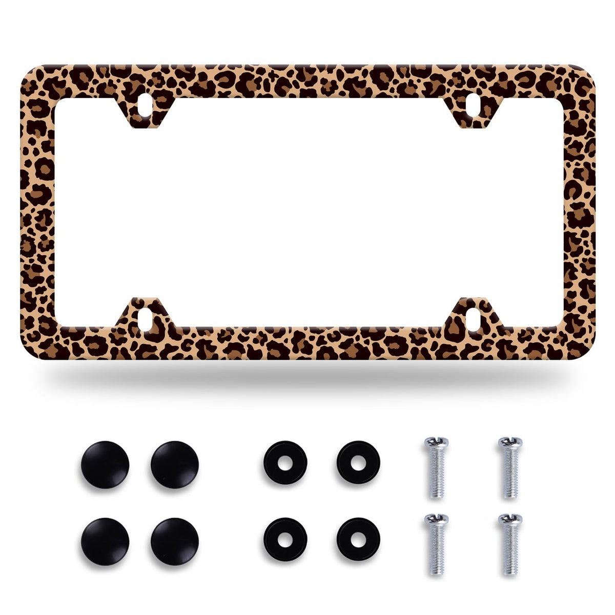 NINANMY brown leopard license-frame front-angle adds stylish protection for plates.