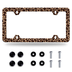 NINANMY brown leopard license-frame front-angle adds stylish protection for plates.
