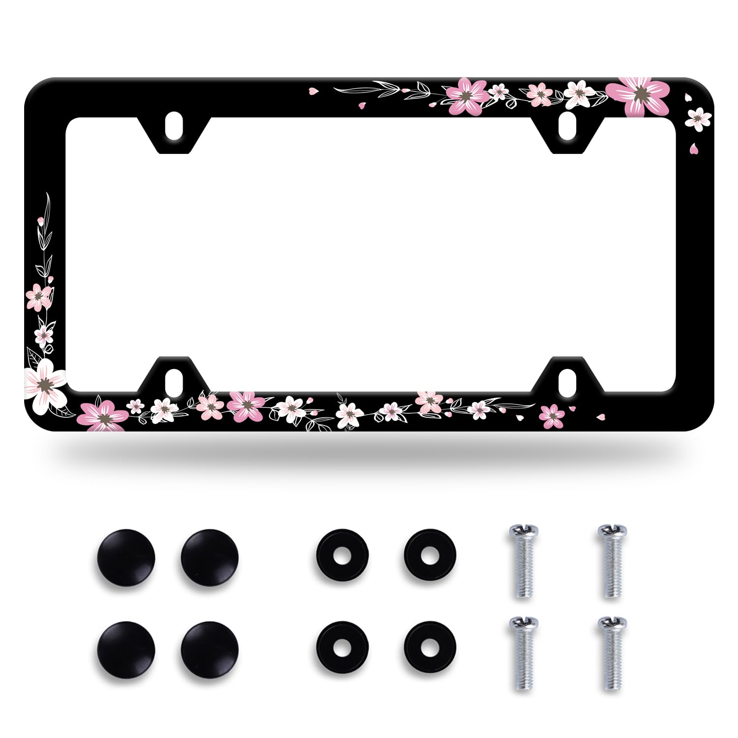 NINANMY pink cherry blossom license frame front view enhances car styling with stainless steel shine