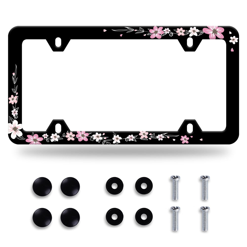 NINANMY pink cherry blossom license frame front view enhances car styling with stainless steel shine