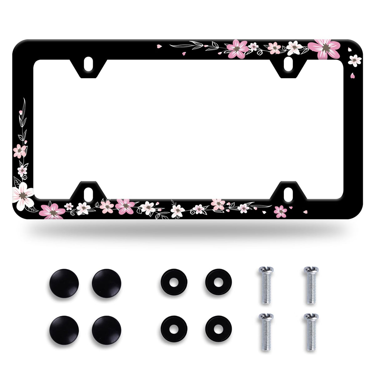 NINANMY pink cherry blossom license frame front view enhances car styling with stainless steel shine