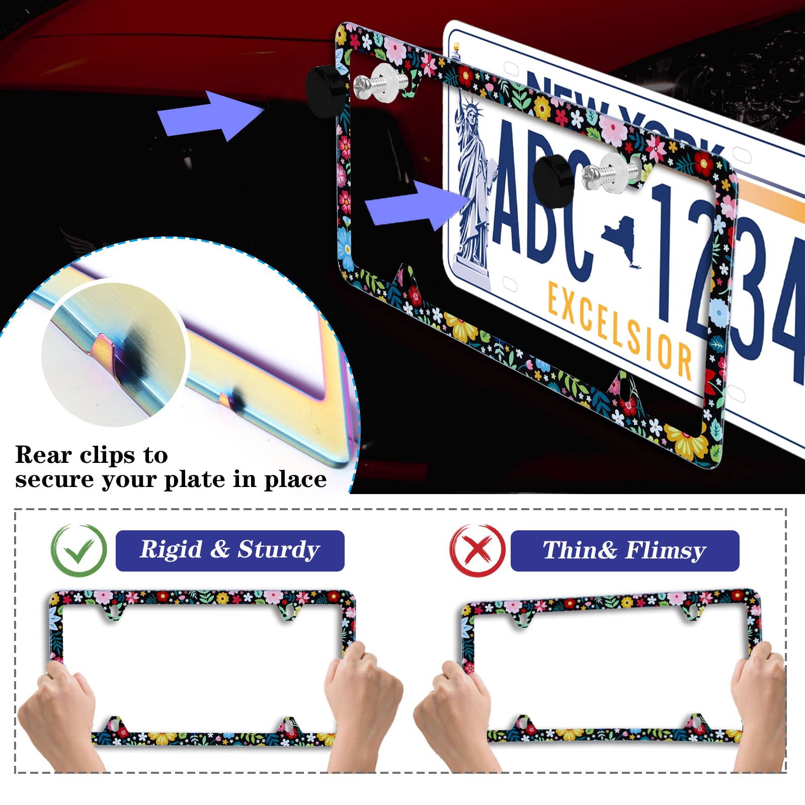 NINANMY stainless steel license frame close-up, glossy finish and durable construction