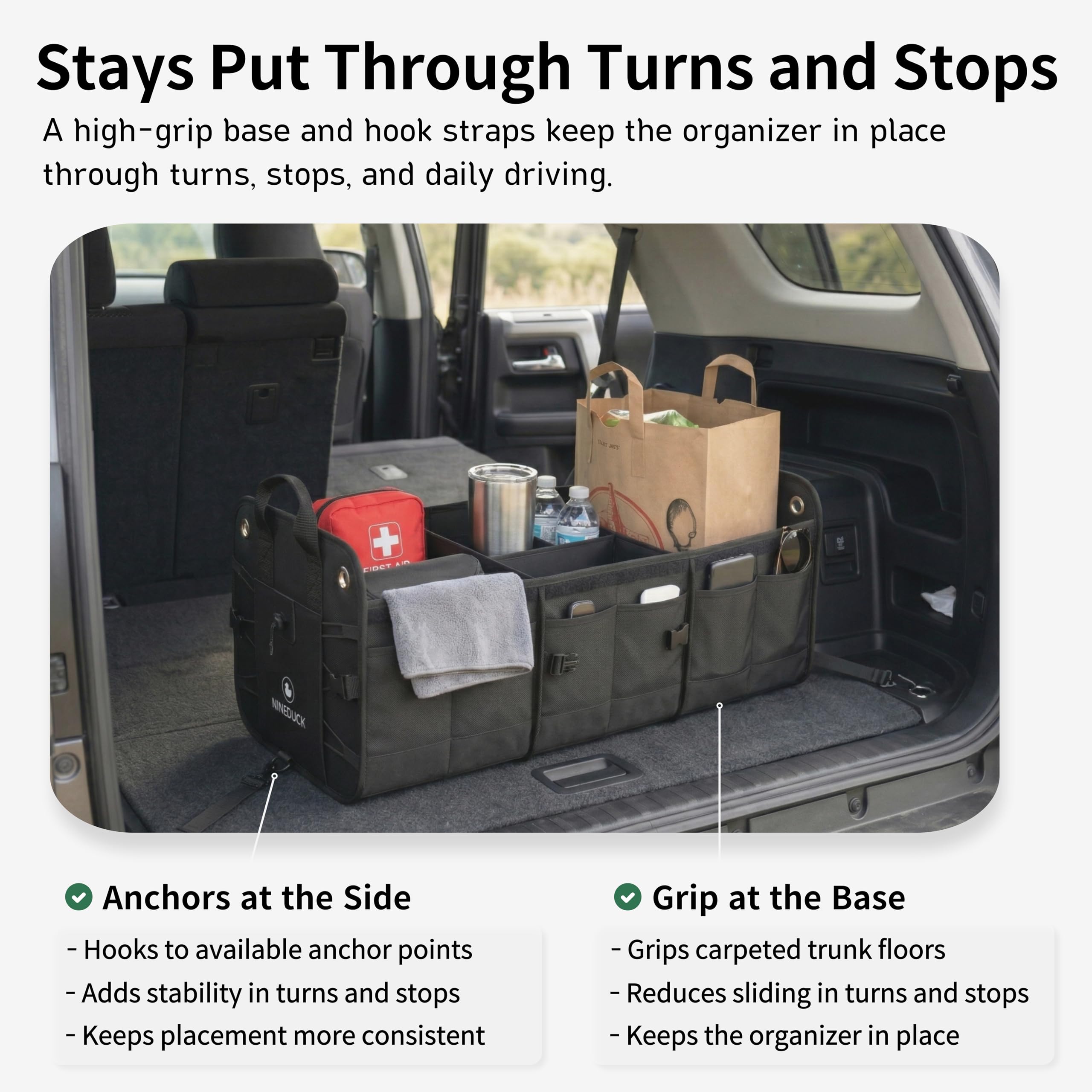 NINEDUCK trunk organizer foldable base highlights stability on the floor.