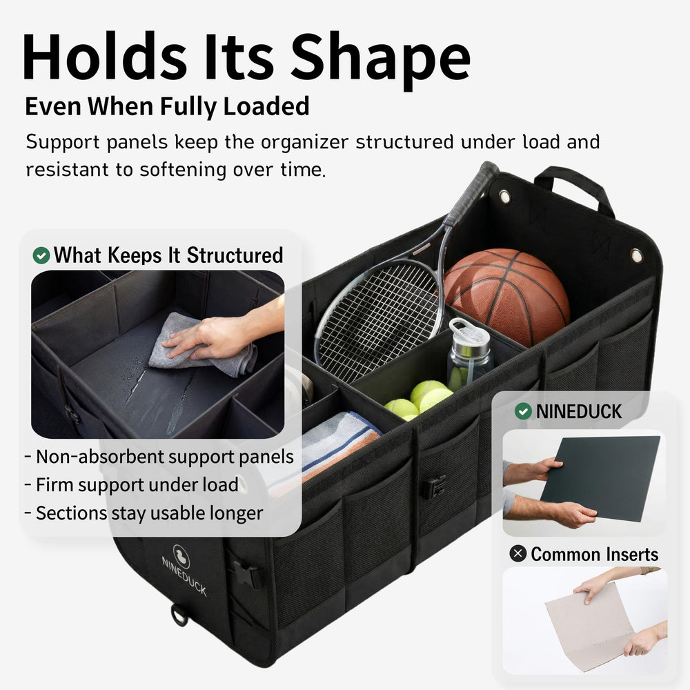 NINEDUCK trunk organizer PP panels provide durable support for heavy groceries.