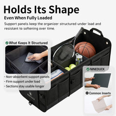 NINEDUCK trunk organizer PP panels provide durable support for heavy groceries.
