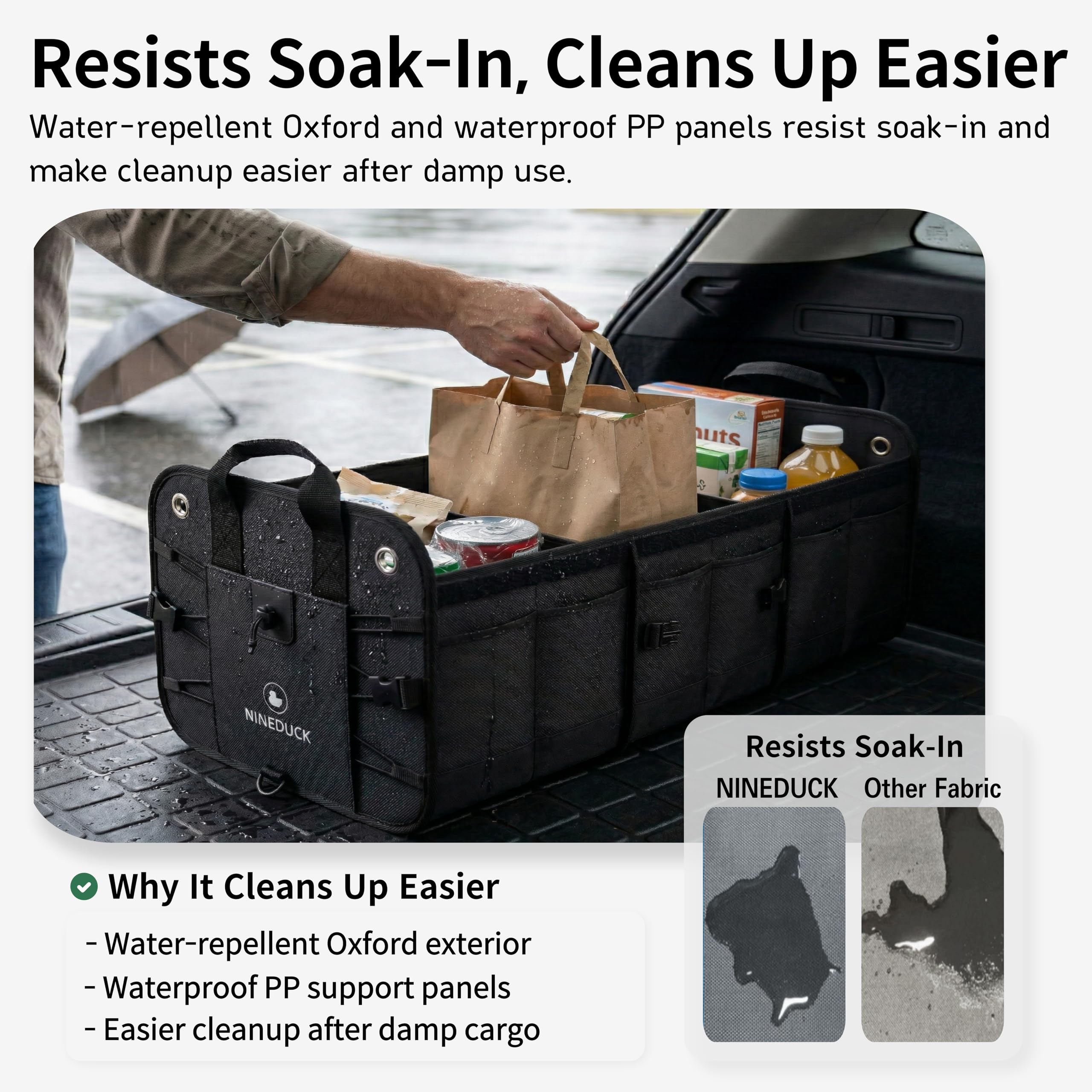 NINEDUCK trunk organizer water-repellent exterior resists spills during trips.