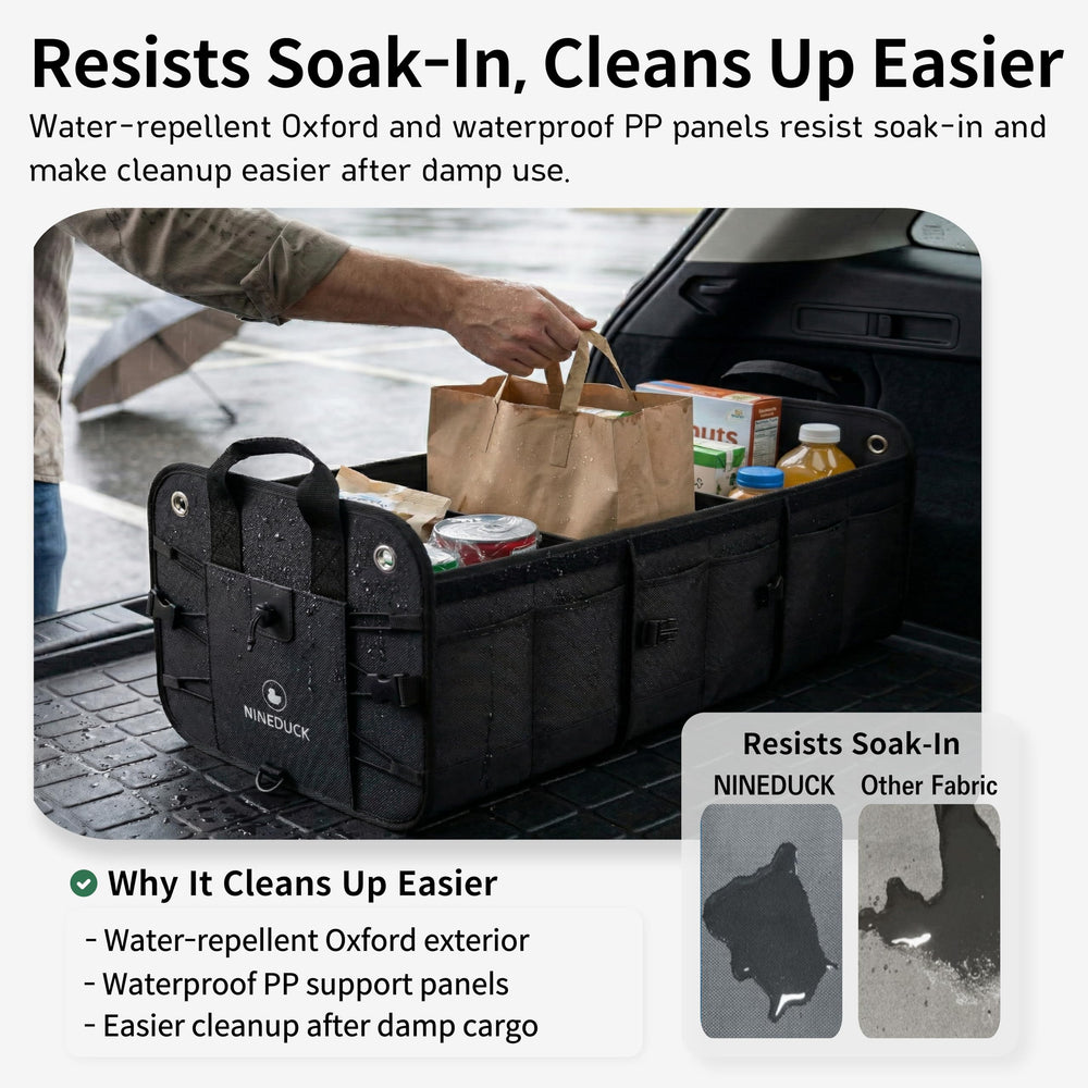 NINEDUCK trunk organizer water-repellent exterior resists spills during trips.