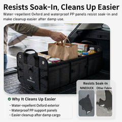 NINEDUCK trunk organizer water-repellent exterior resists spills during trips.