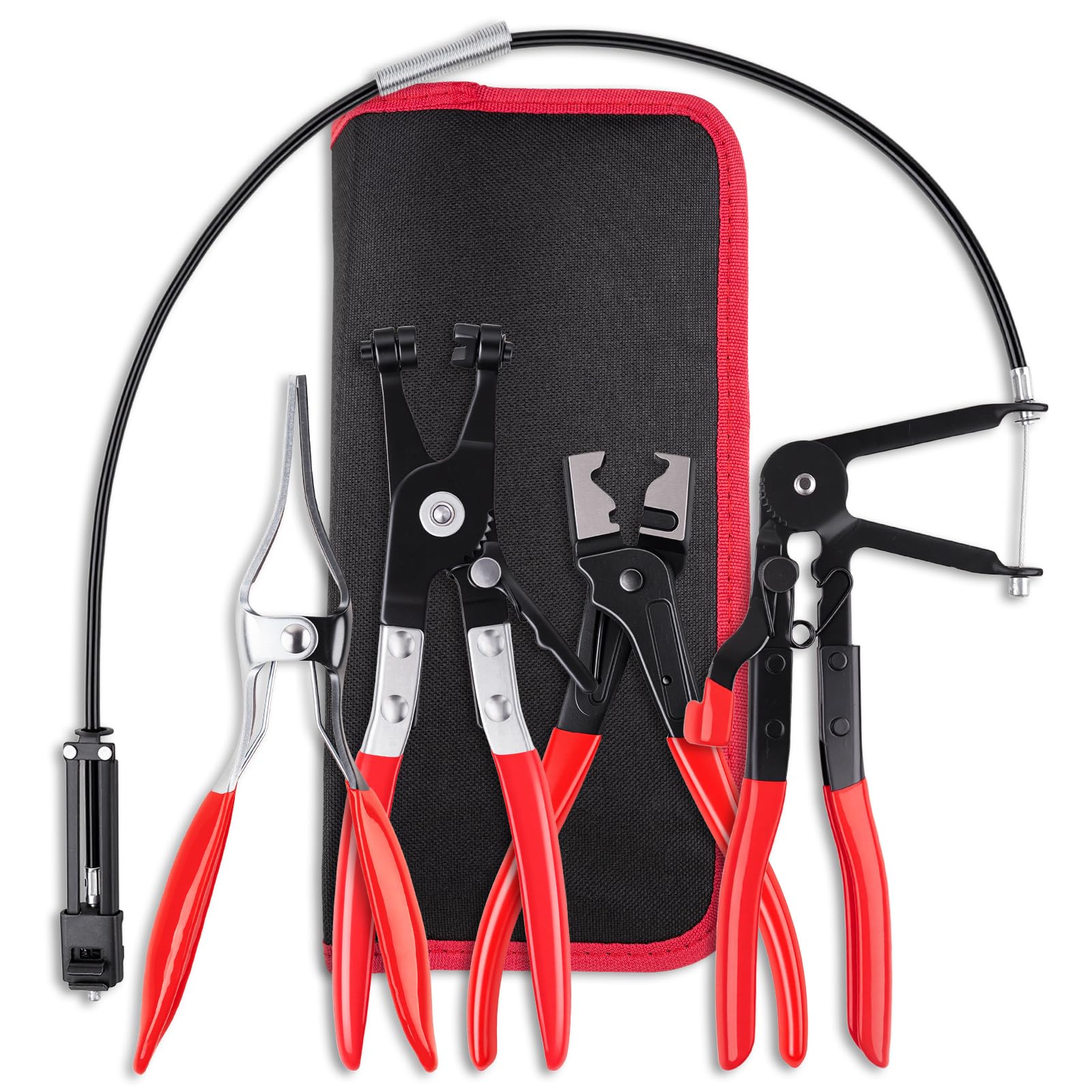 Nintival long-reach spring clamp plier in use for hard-to-reach automotive clamps