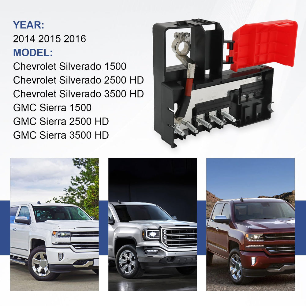 Nirakoka fuse block graphic highlights GM model compatibility for Yukon, Tahoe, and Silverado.