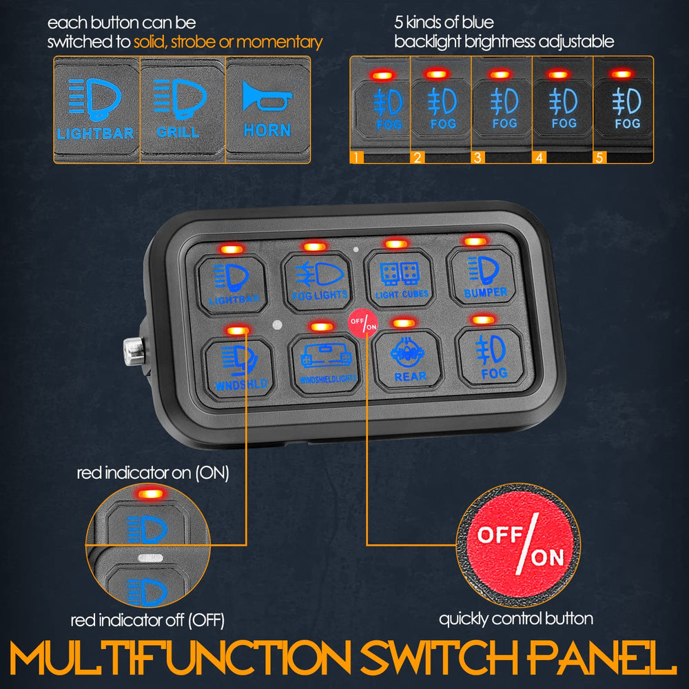 NR NIRIDER 8-gang switch panel showing dimmable blue backlight for cabin ambiance.