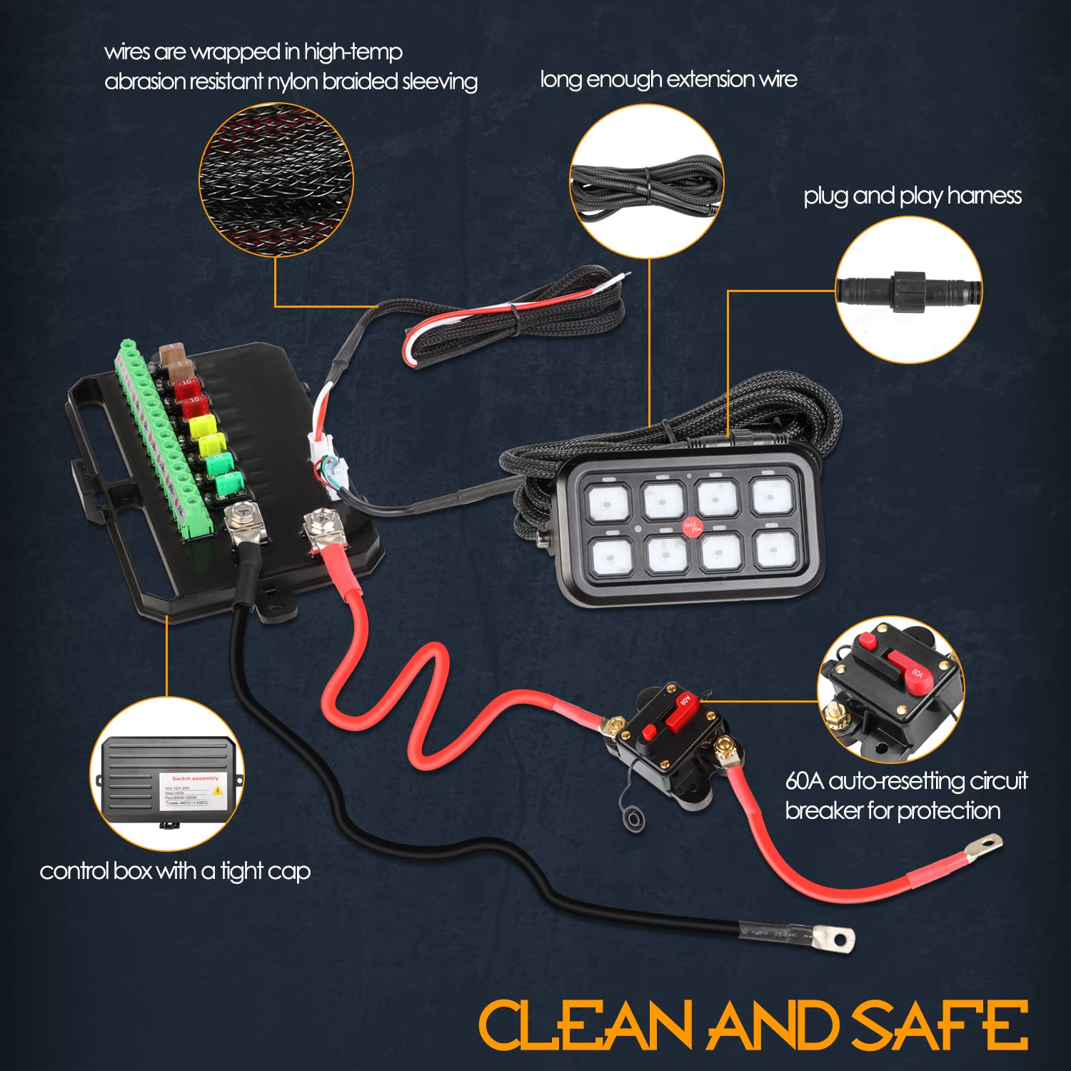 NR NIRIDER wiring uses high-temp nylon braided sleeving for durability.