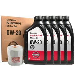 Nissan 0W-20 oil change kit with 5 quarts container for easy DIY maintenance.