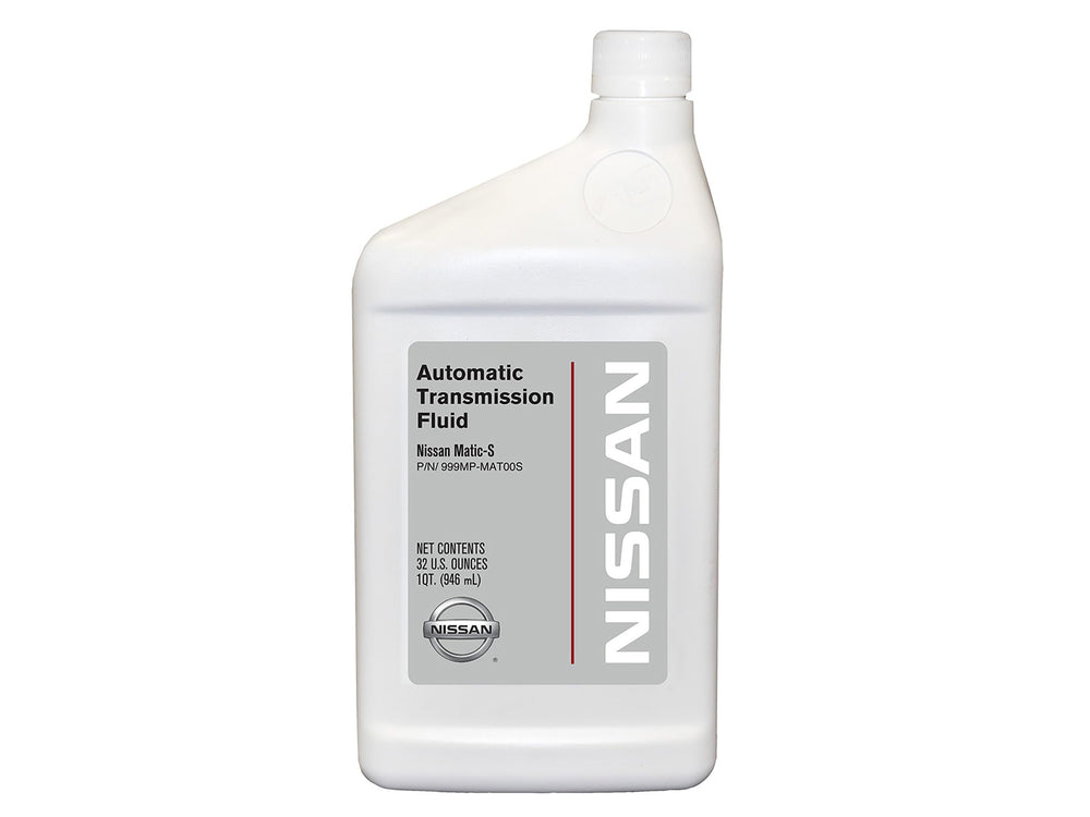 Nissan Matic-S fluid bottle closeup demonstrates OEM quality for reliable transmission performance.