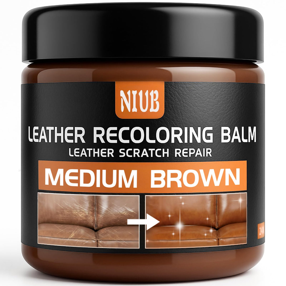 NIUB Leather Recoloring Balm bottle cap close-up showing even color restoration and scratch coverage.
