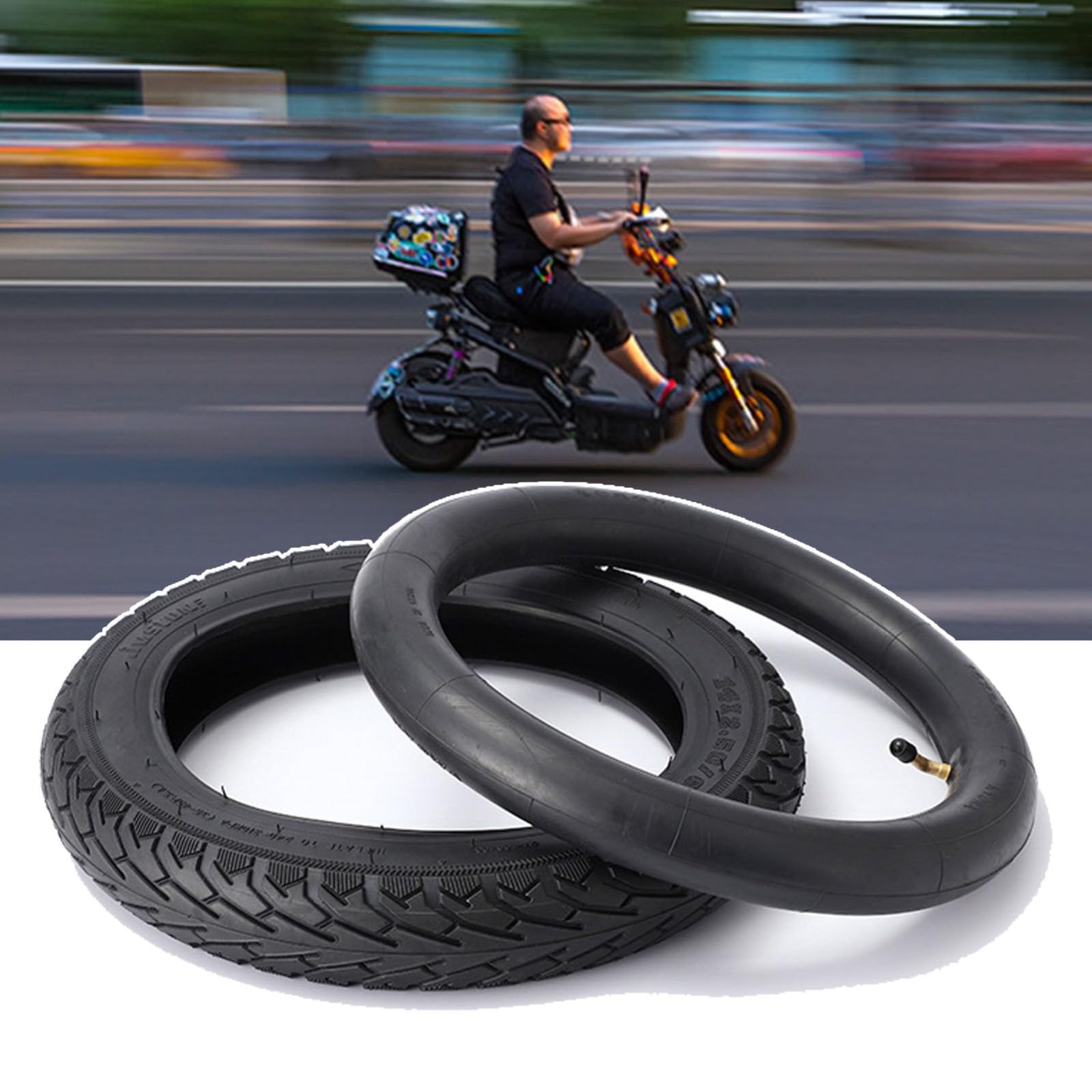 NiuJKun 14x2-50 tire front view showing grip for e-bikes