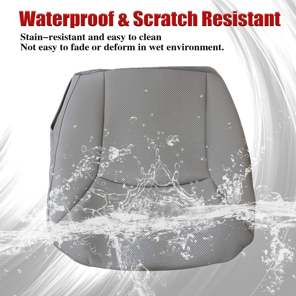 NLQR E driver side bottom perforated seat cover gray material closeup reveals durability