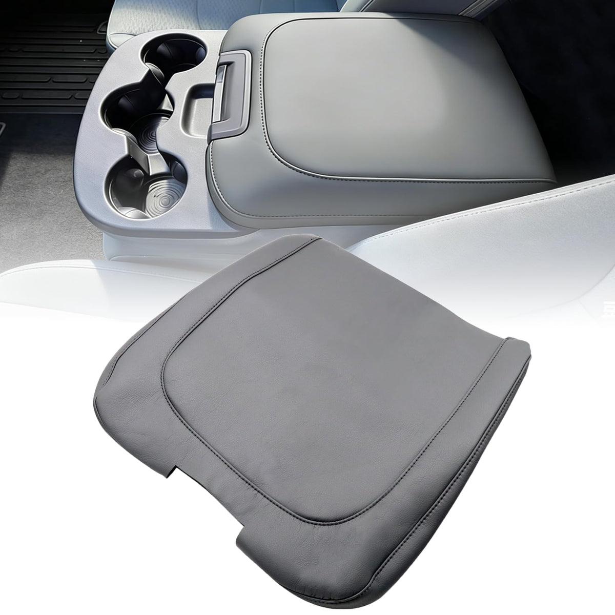 NLQR leather center console cover on a Dodge Ram protecting the armrest from wear
